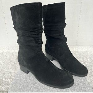 Basic Editions Black Suede Leather Mid Calf Slouch Round-Toe Low Heel Boots 8.5